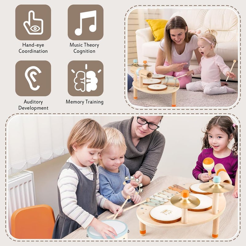 Vanplay Drum Set for Toddler - Toys for 2 3 4 Year Old Girls Boy Gifts - 9 in 1 Wooden Montessori Musical Instruments with Xylophone for Kids 3-5, Christmas Birthday Gifts for Toddlers 2-4 - Image 3